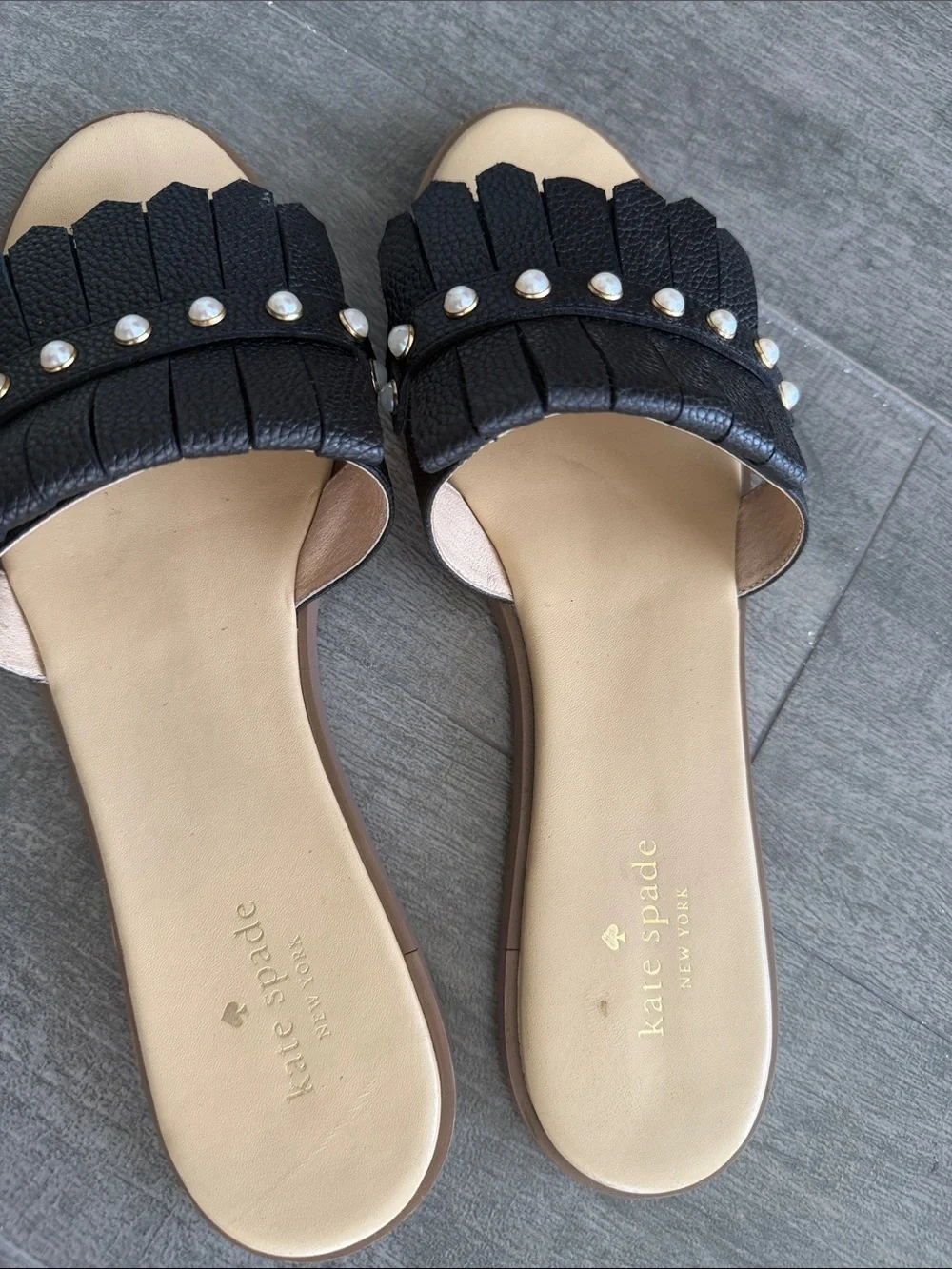 kate spade Black Pearl-Trim Fringe Slide Mules